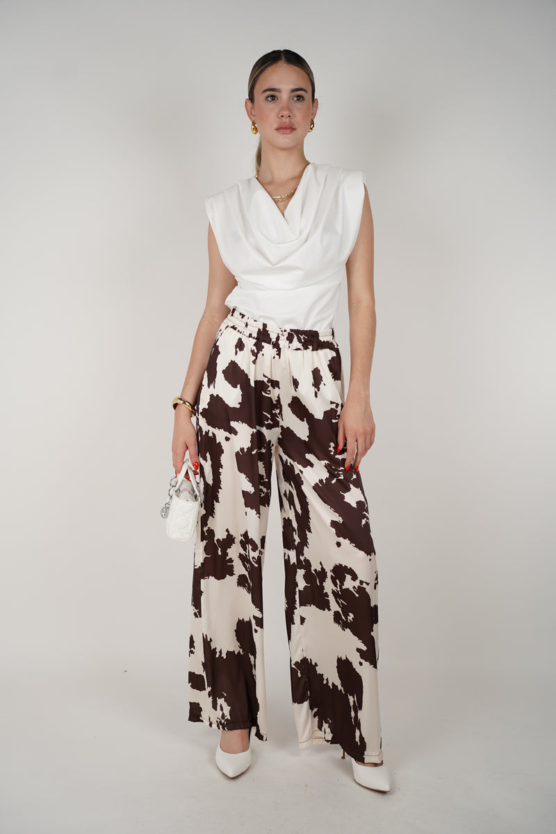 Virel Satin Cow Print Bottom – Flowy, Silky Statement Pants