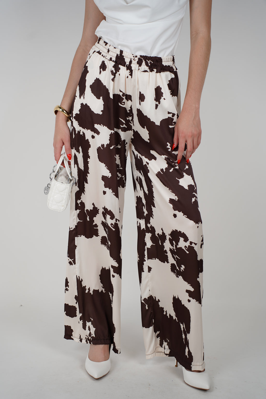 Virel Satin Cow Print Bottom – Flowy, Silky Statement Pants