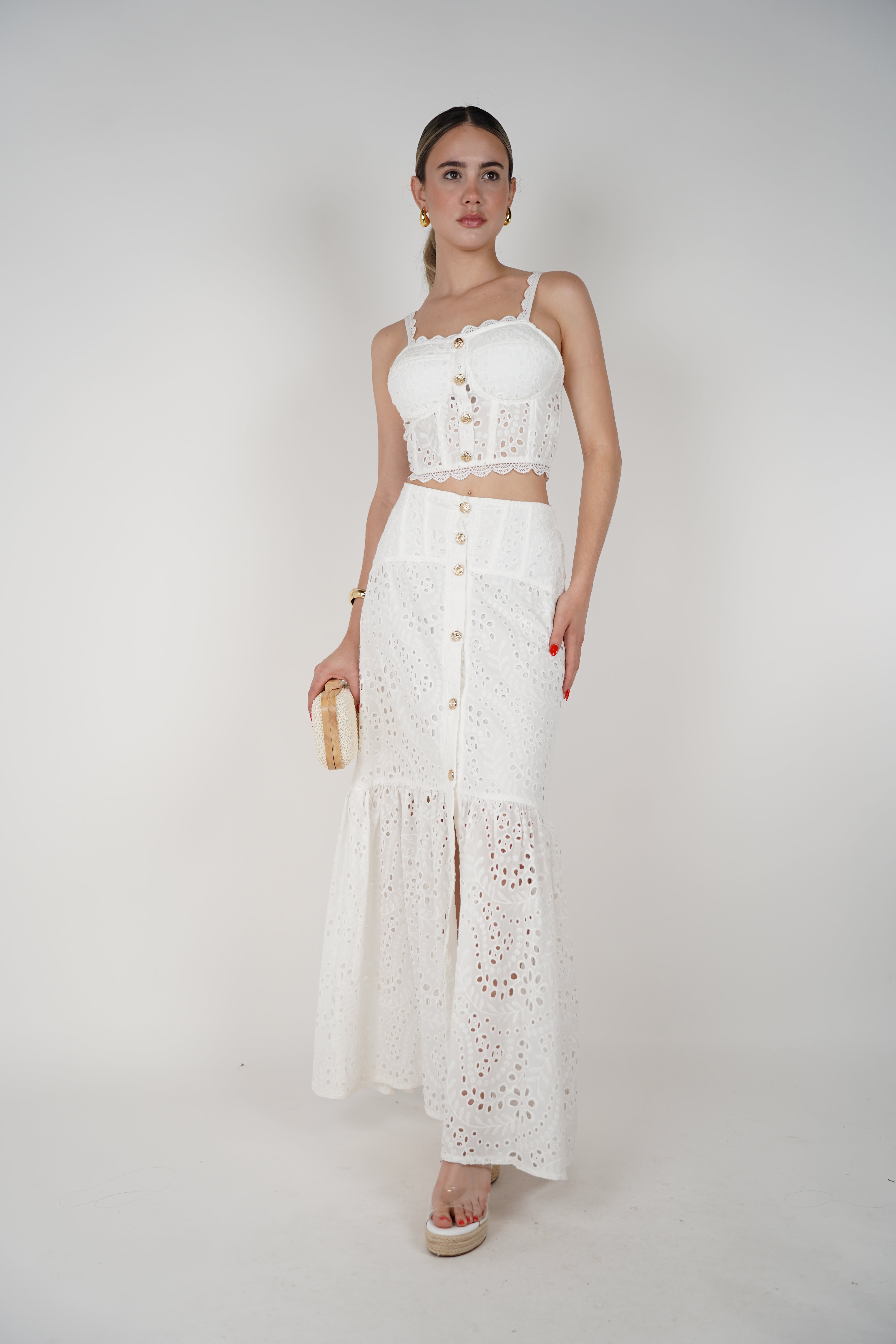 Dila Skirt Set – White Eyelet Two-Piece with Gold Buttons