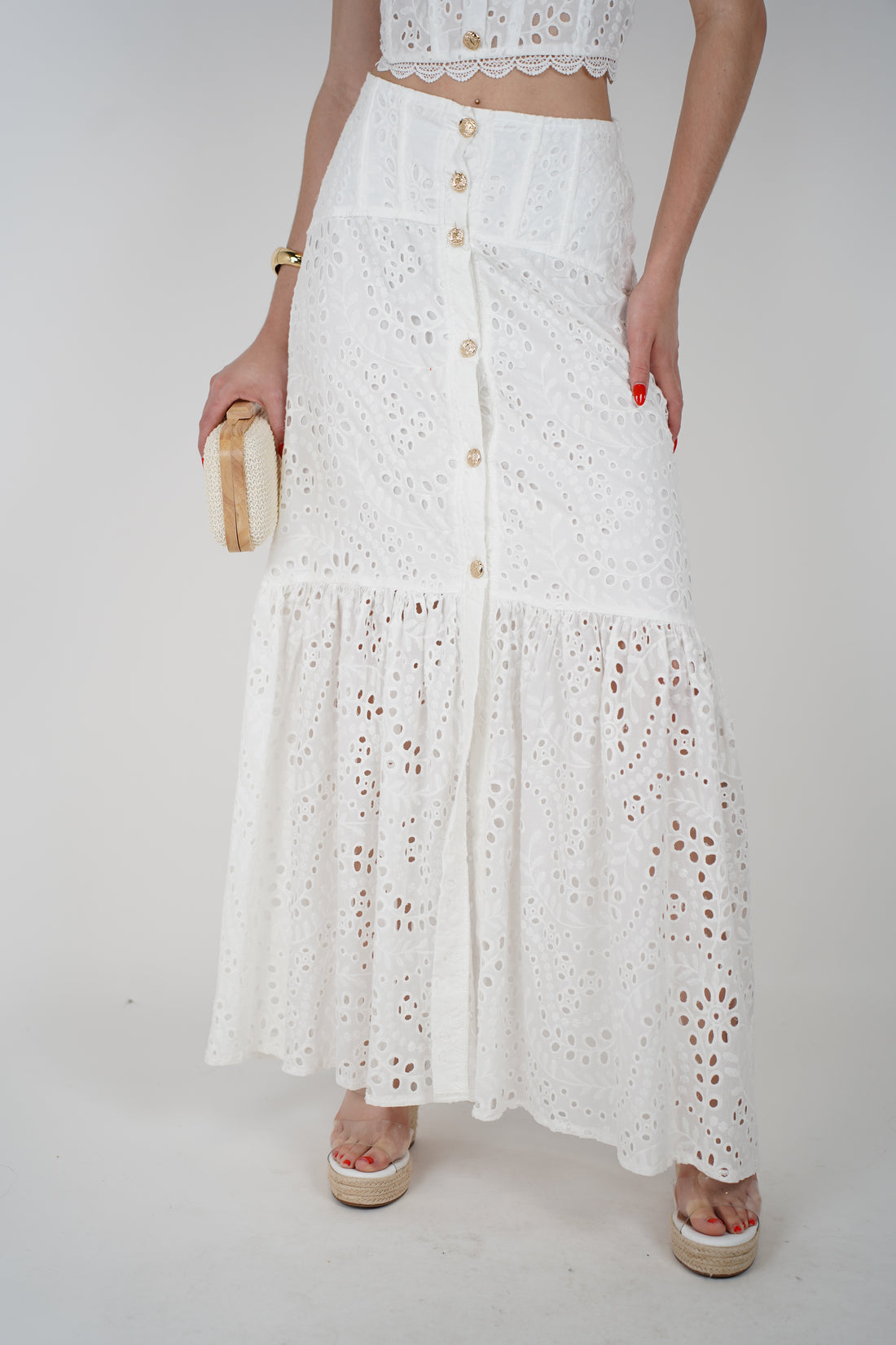 Dila Skirt Set – White Eyelet Two-Piece with Gold Buttons