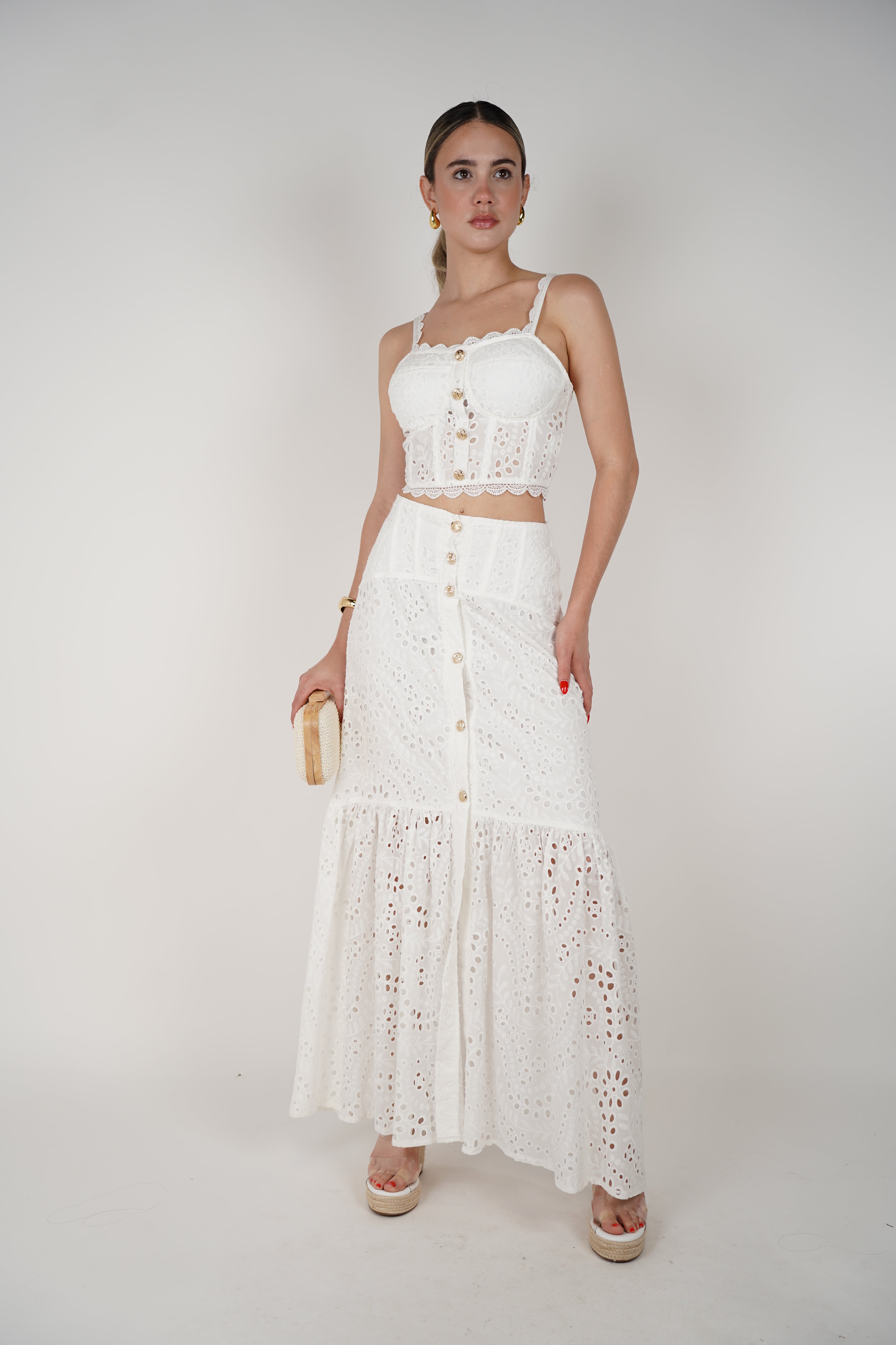Dila Skirt Set – White Eyelet Two-Piece with Gold Buttons