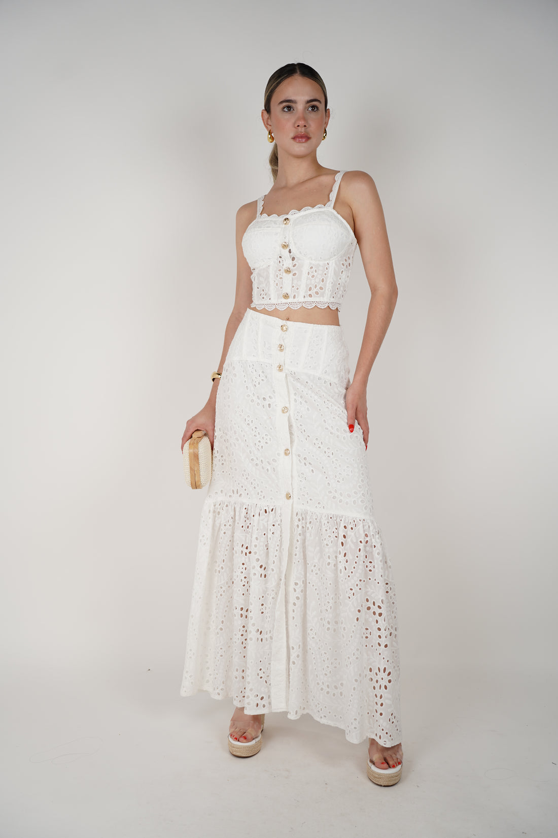 Dila Skirt Set – White Eyelet Two-Piece with Gold Buttons