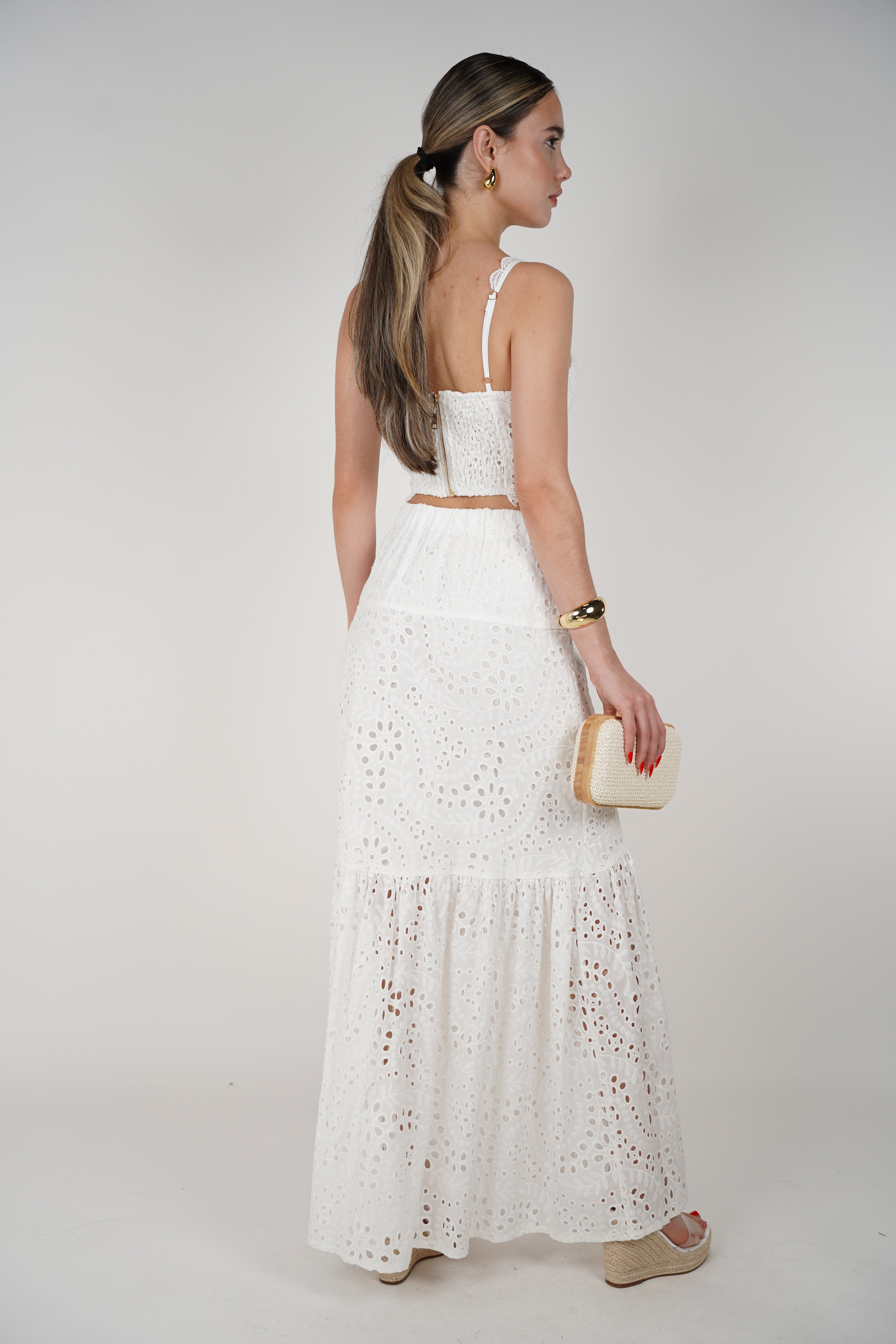 Dila Skirt Set – White Eyelet Two-Piece with Gold Buttons