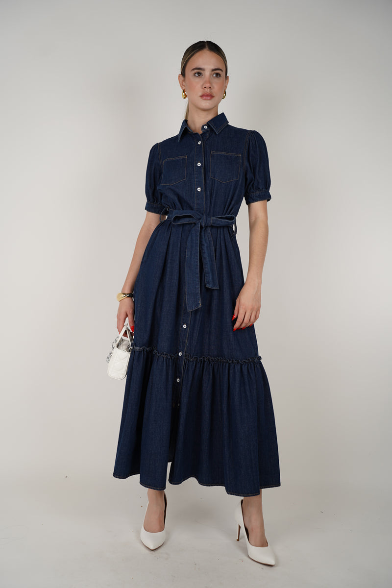 Roselyn Dress – Classic Denim Elegance with a Feminine Twist