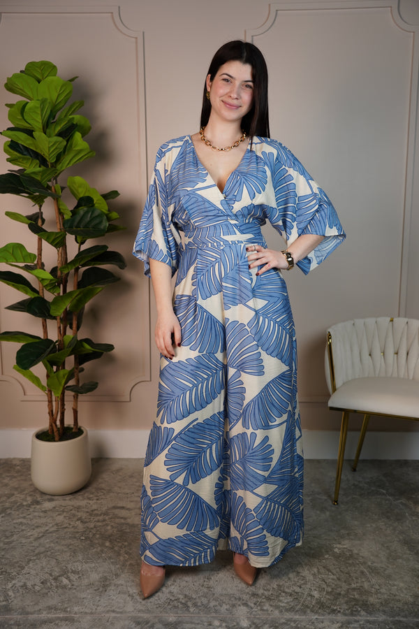 Raquel Tropical Leaf Print Wide-Leg Jumpsuit – Wrap Style, Lightweight & Resort-Ready - Carema Boutique