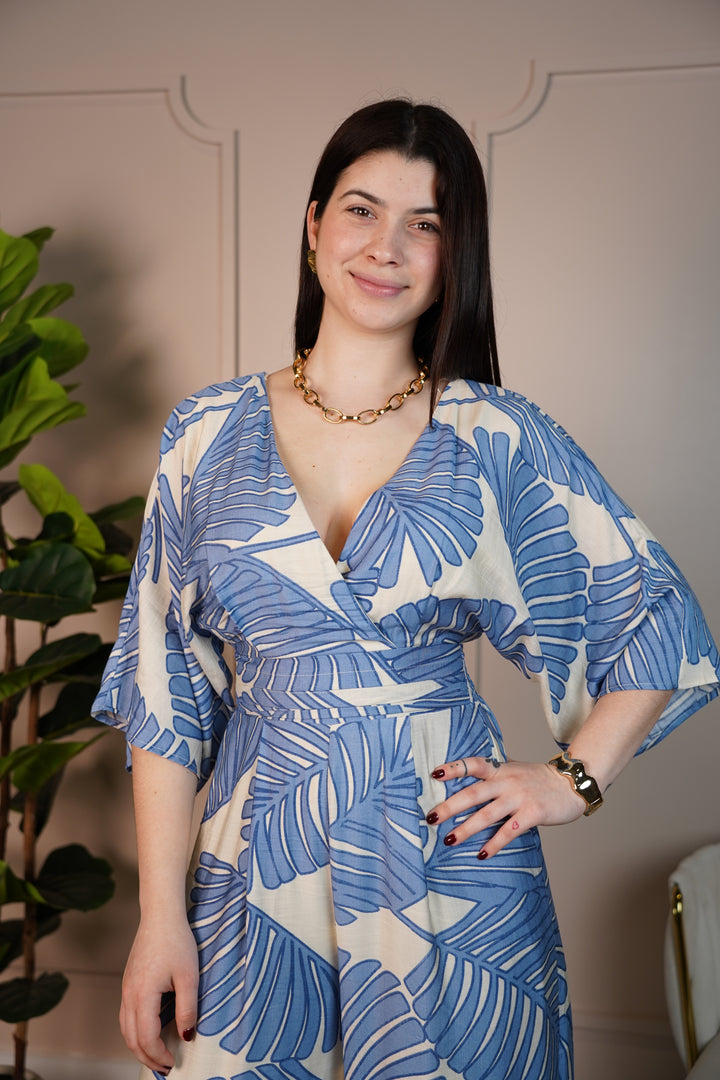 Raquel Tropical Leaf Print Wide-Leg Jumpsuit – Wrap Style, Lightweight & Resort-Ready - Carema Boutique
