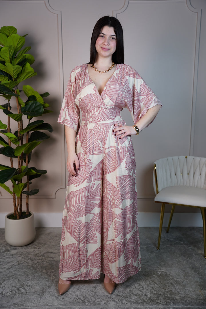 Raquel Tropical Leaf Print Wide-Leg Jumpsuit – Wrap Style, Lightweight & Resort-Ready - Carema Boutique