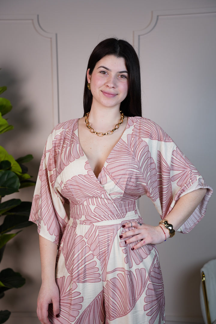 Raquel Tropical Leaf Print Wide-Leg Jumpsuit – Wrap Style, Lightweight & Resort-Ready - Carema Boutique