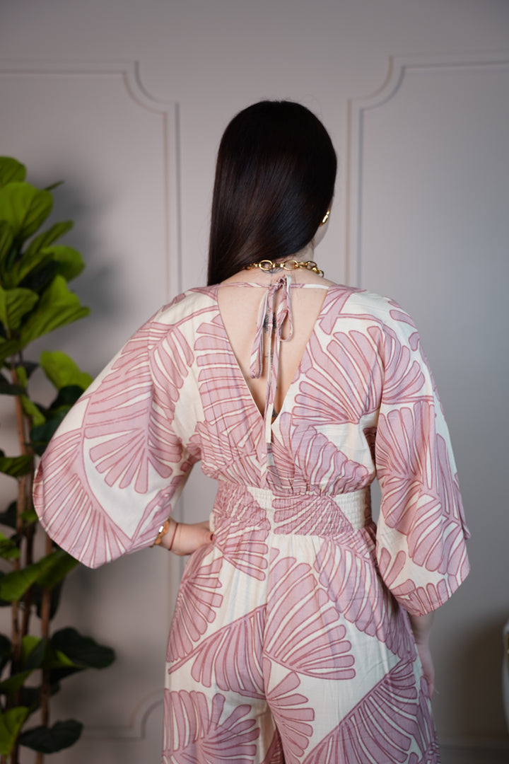 Raquel Tropical Leaf Print Wide-Leg Jumpsuit – Wrap Style, Lightweight & Resort-Ready - Carema Boutique