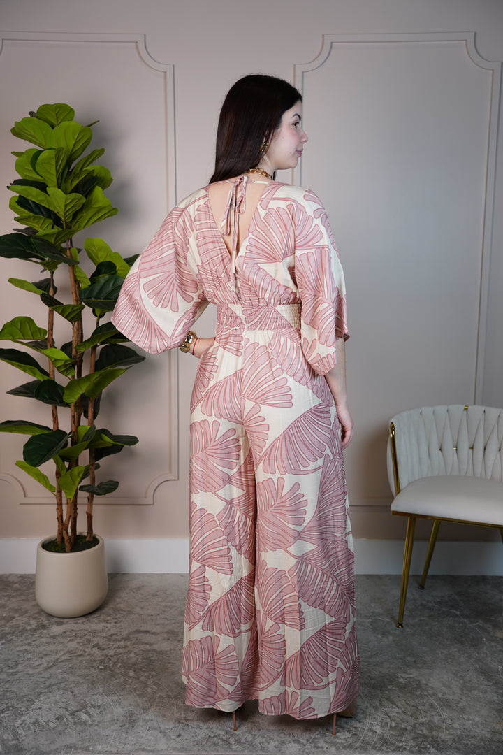 Raquel Tropical Leaf Print Wide-Leg Jumpsuit – Wrap Style, Lightweight & Resort-Ready - Carema Boutique