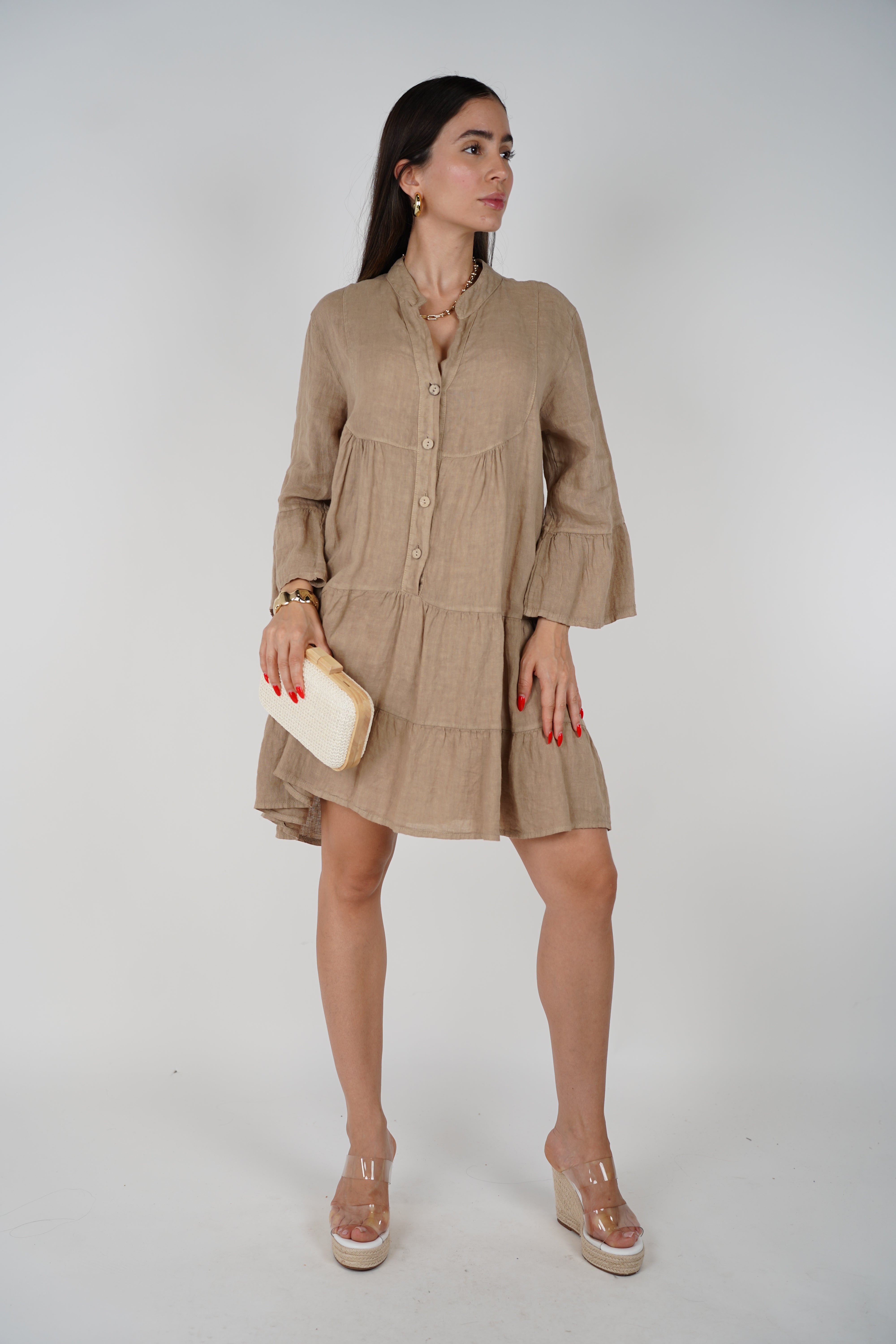 Sira Linen Mini Dress – Breezy Button-Down in Soft Neutrals