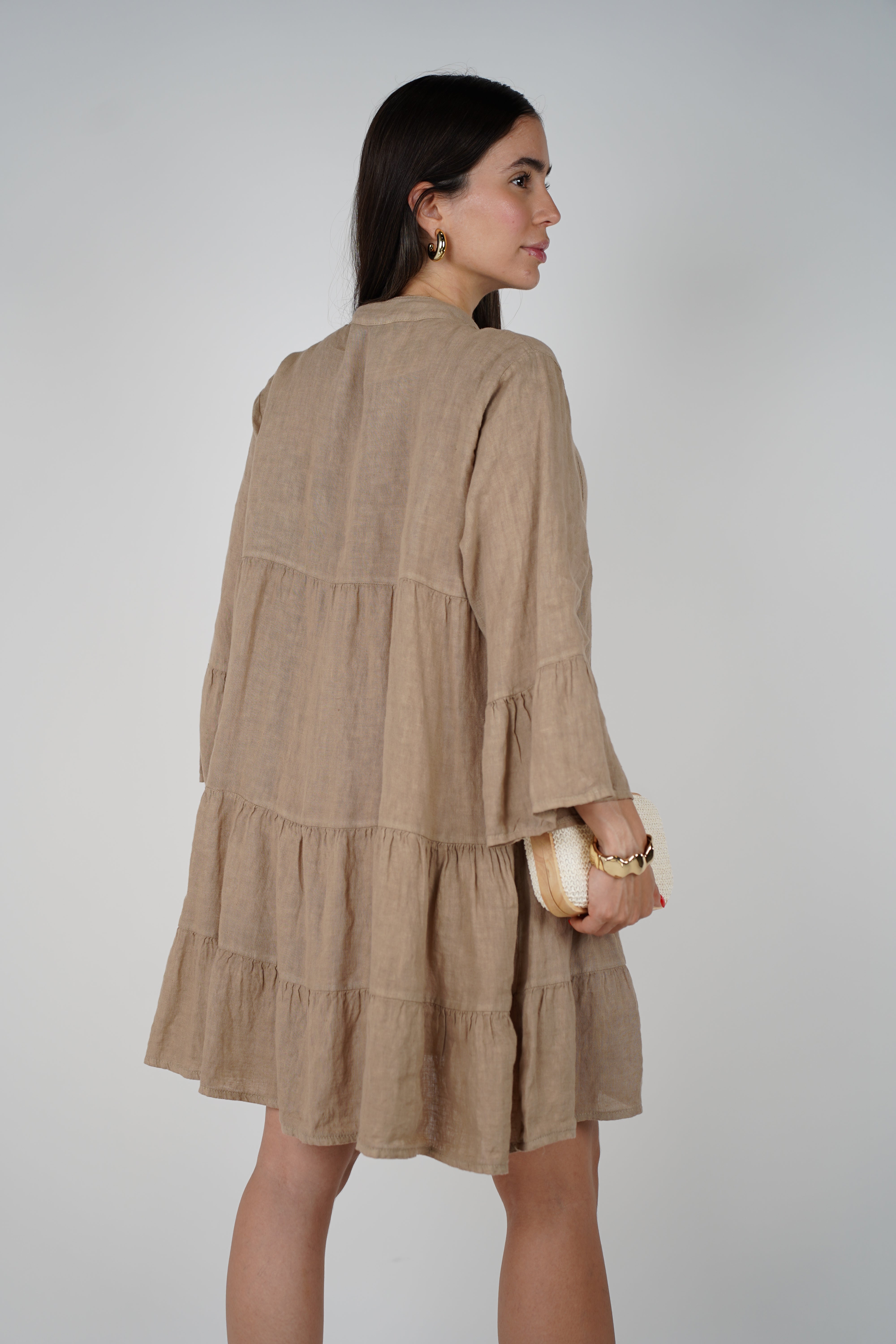 Sira Linen Mini Dress – Breezy Button-Down in Soft Neutrals