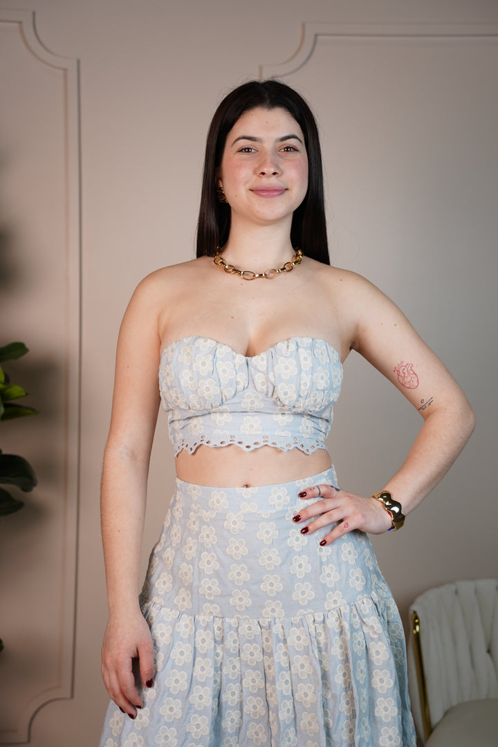 Adelanis Blue Embroidered Two-Piece Set – Strapless Crop Top &amp; High-Waisted Midi Skirt - Carema Boutique