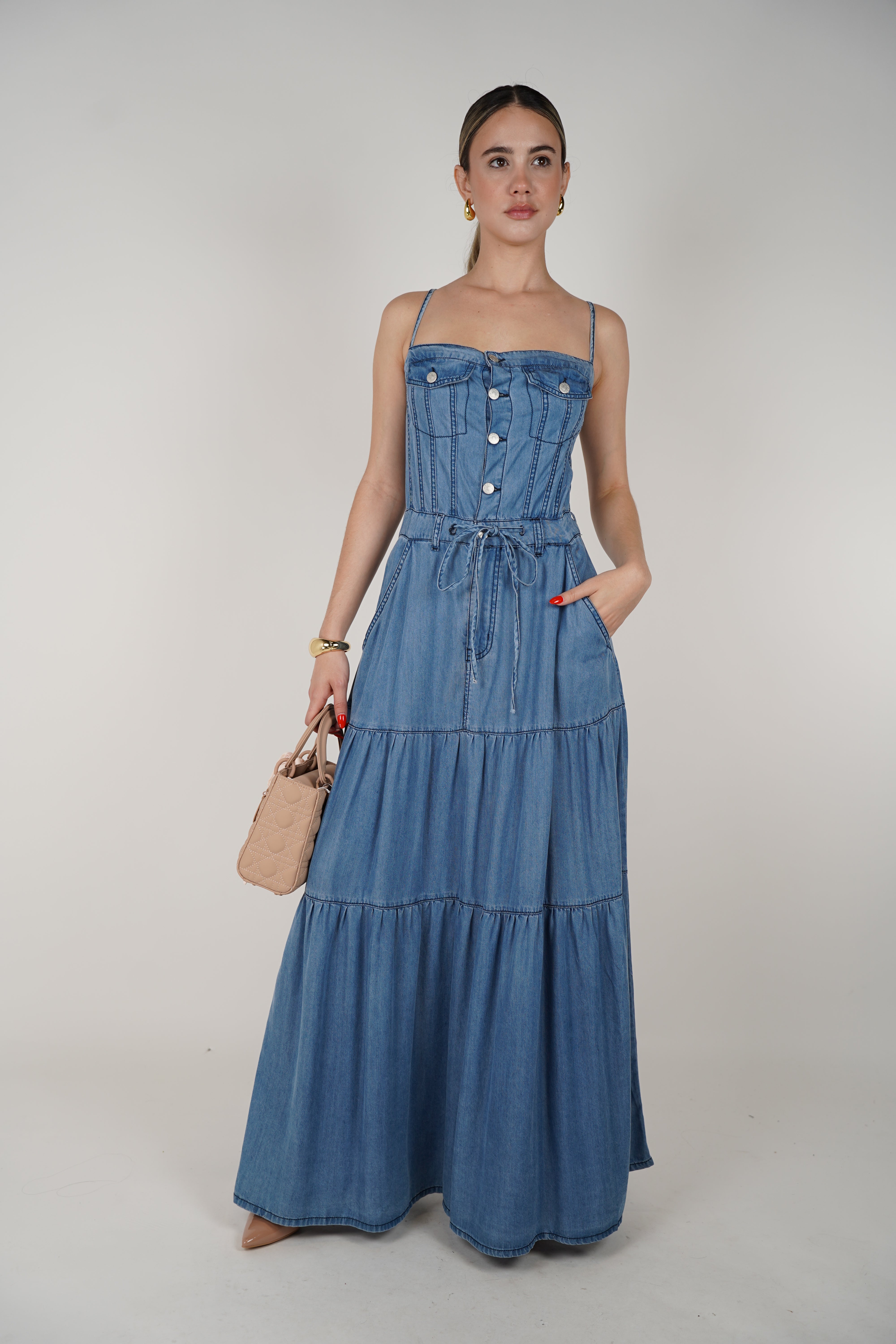 Marta Dress – Denim Maxi with a Feminine Silhouette