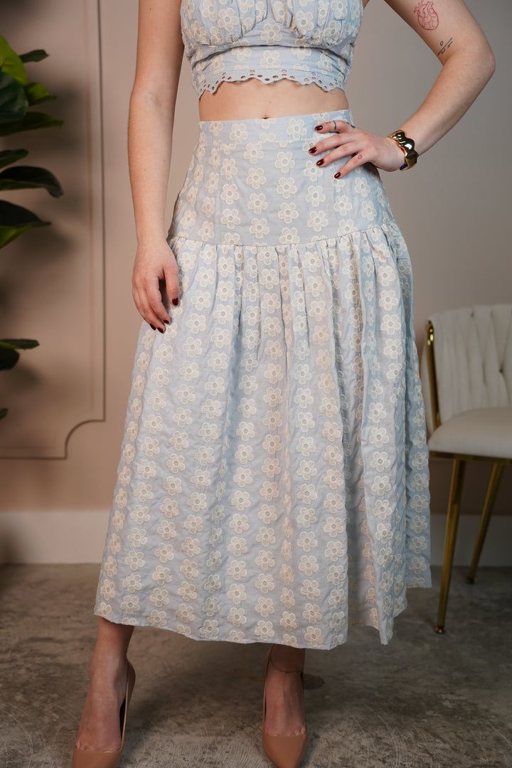 Adelanis Blue Embroidered Two-Piece Set – Strapless Crop Top &amp; High-Waisted Midi Skirt - Carema Boutique