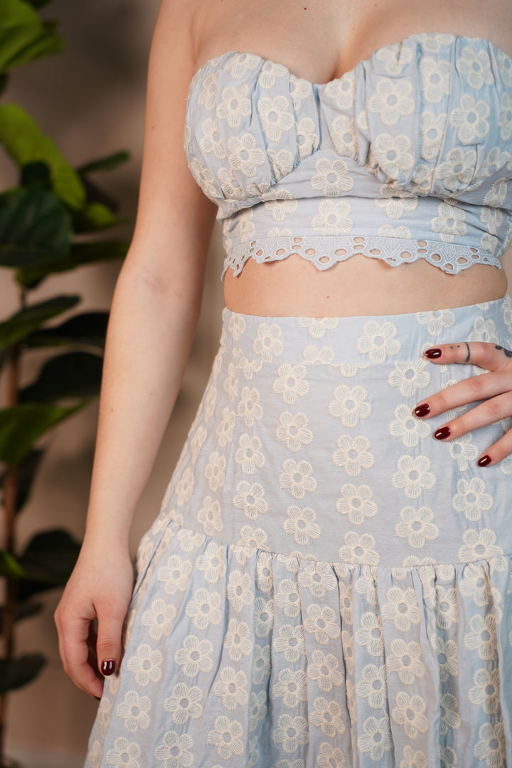 Adelanis Blue Embroidered Two-Piece Set – Strapless Crop Top &amp; High-Waisted Midi Skirt - Carema Boutique