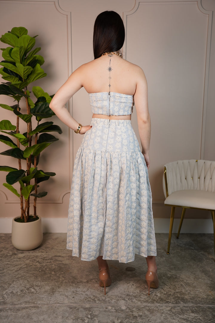 Adelanis Blue Embroidered Two-Piece Set – Strapless Crop Top &amp; High-Waisted Midi Skirt - Carema Boutique