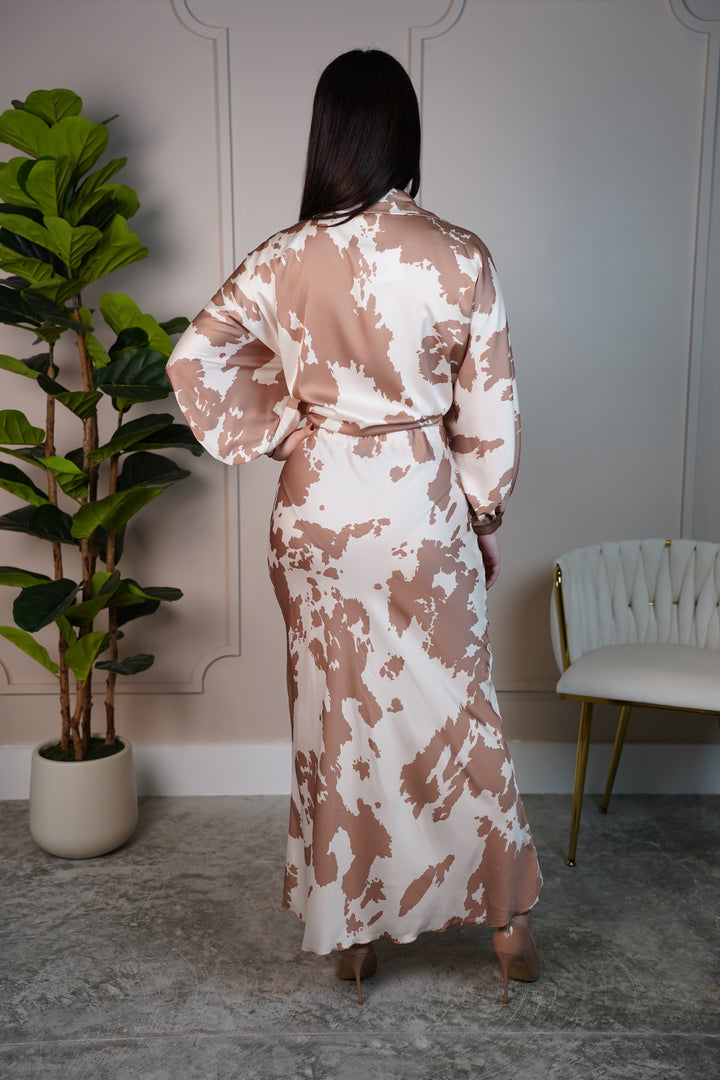 Juliana Cow Satin Abstract Midi Skirt – Neutral Print with Flowy Silhouette - Carema Boutique