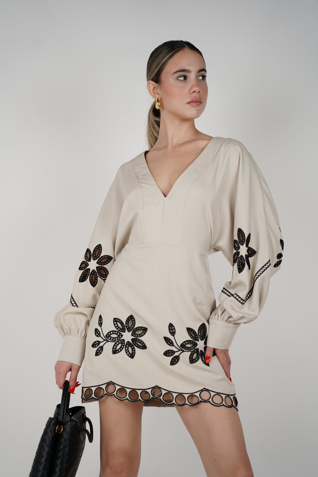 Michelle  Embroidered V-Neck Mini Dress – Boho Elegance with Statement Floral Details