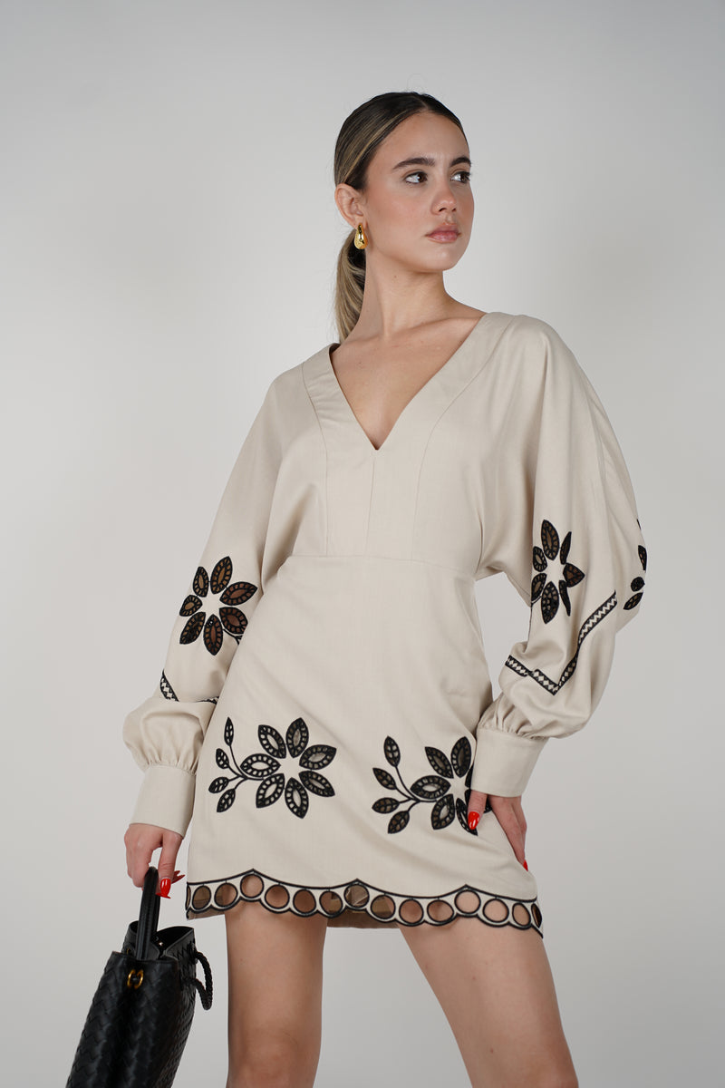 Michelle  Embroidered V-Neck Mini Dress – Boho Elegance with Statement Floral Details