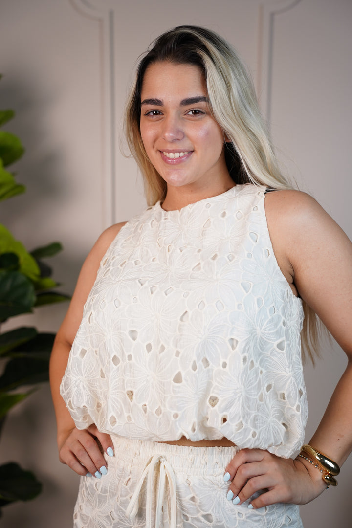 Marley Cream Embroidered Two-Piece Set – Sleeveless Top & Drawstring Shorts - Carema Boutique