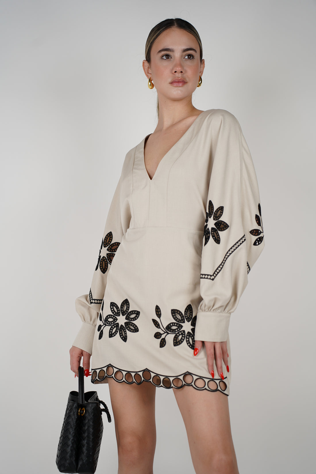 Michelle  Embroidered V-Neck Mini Dress – Boho Elegance with Statement Floral Details