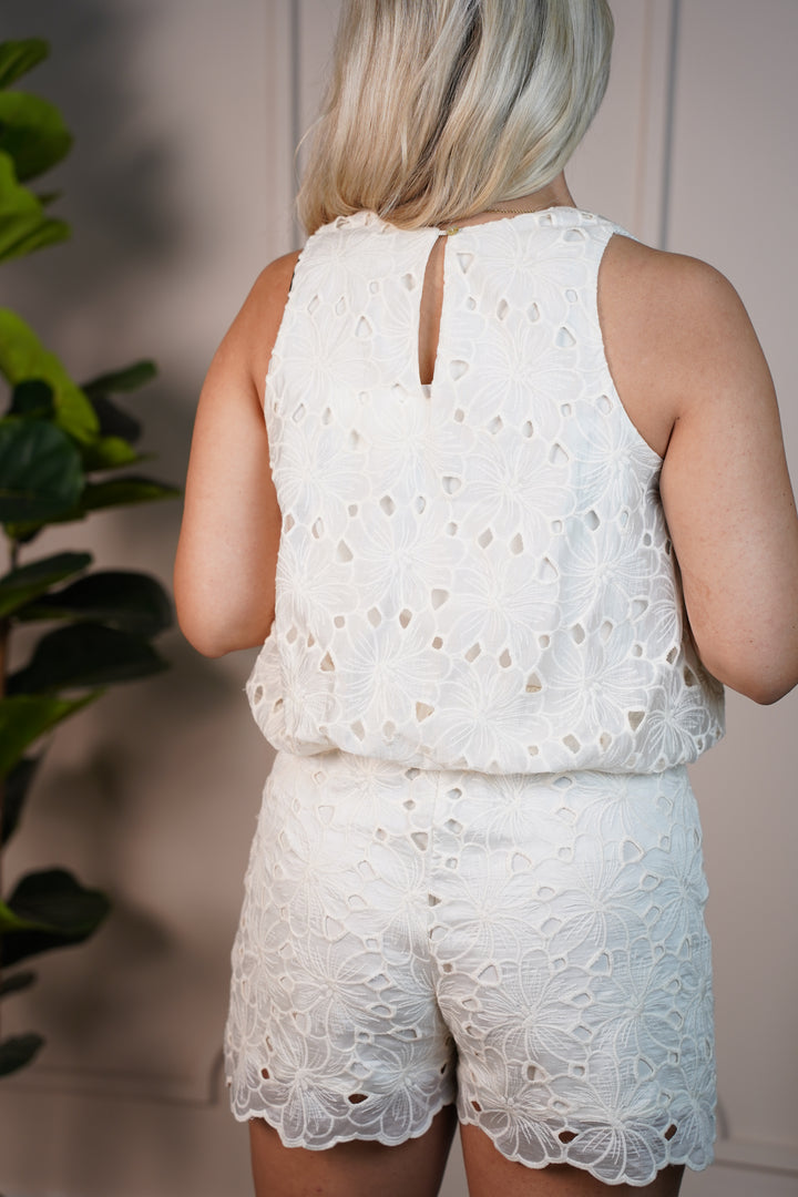 Marley Cream Embroidered Two-Piece Set – Sleeveless Top & Drawstring Shorts - Carema Boutique