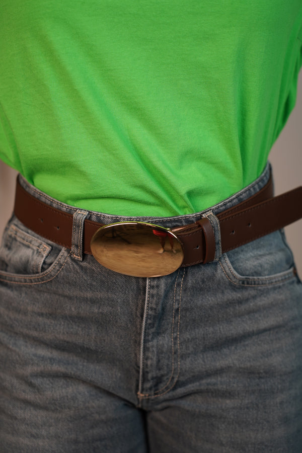 Mabelina Wide Brown Belt with Gold Oval Buckle – Polished Everyday Classic - Carema Boutique