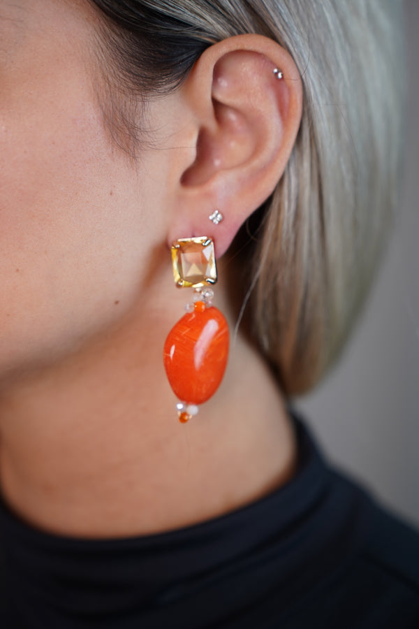 Zizi Gemstone Drop Earrings – Orange Beaded Dangle with Gold Crystal Top - Carema Boutique