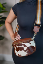 Cow Mini Crossbody Bag Brown & White Leather with Wide Stripe Strap - Carema Boutique