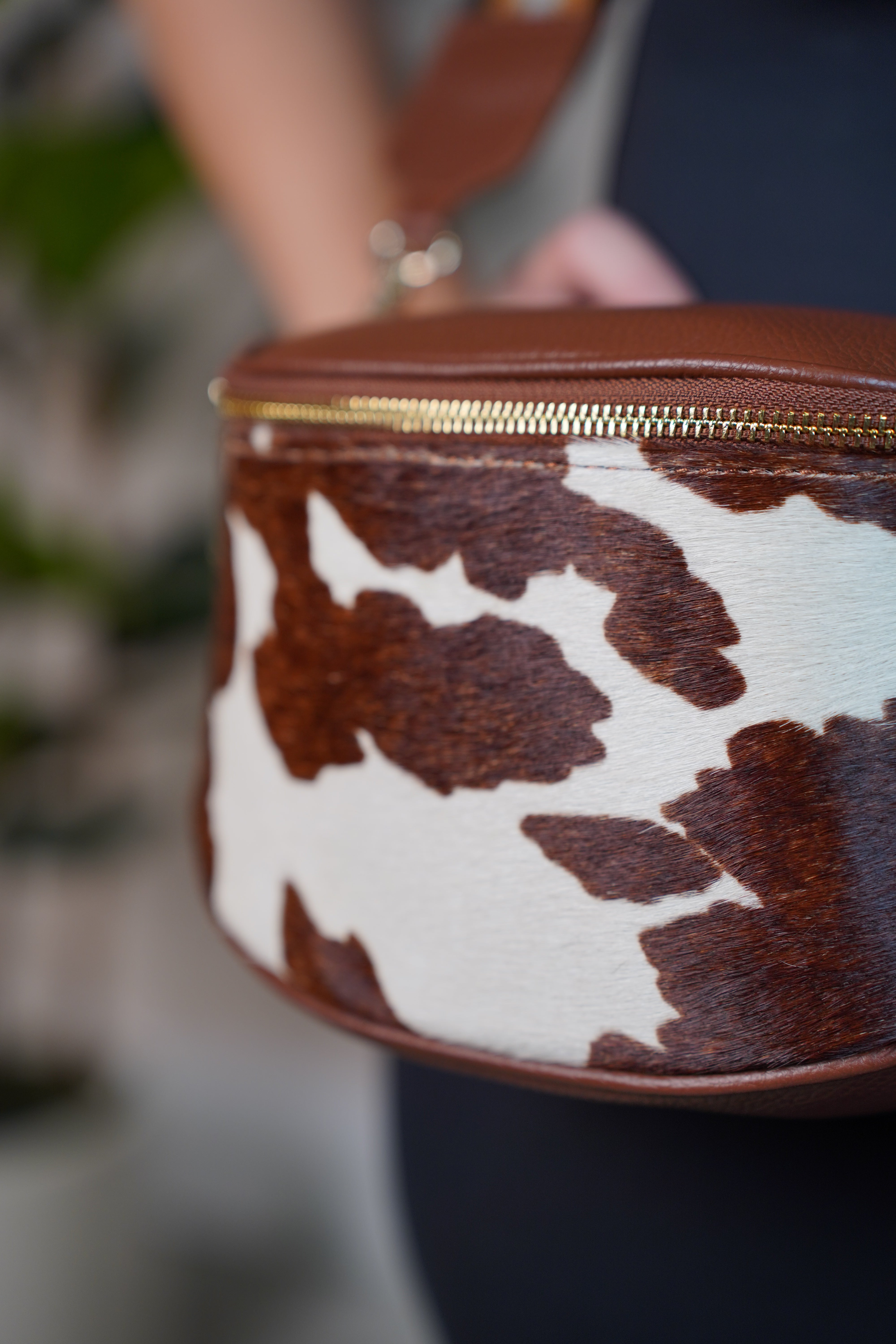 Cow Mini Crossbody Bag Brown & White Leather with Wide Stripe Strap - Carema Boutique