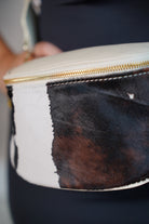 Cow Mini Crossbody Bag Brown & White Leather with Wide Stripe Strap - Carema Boutique