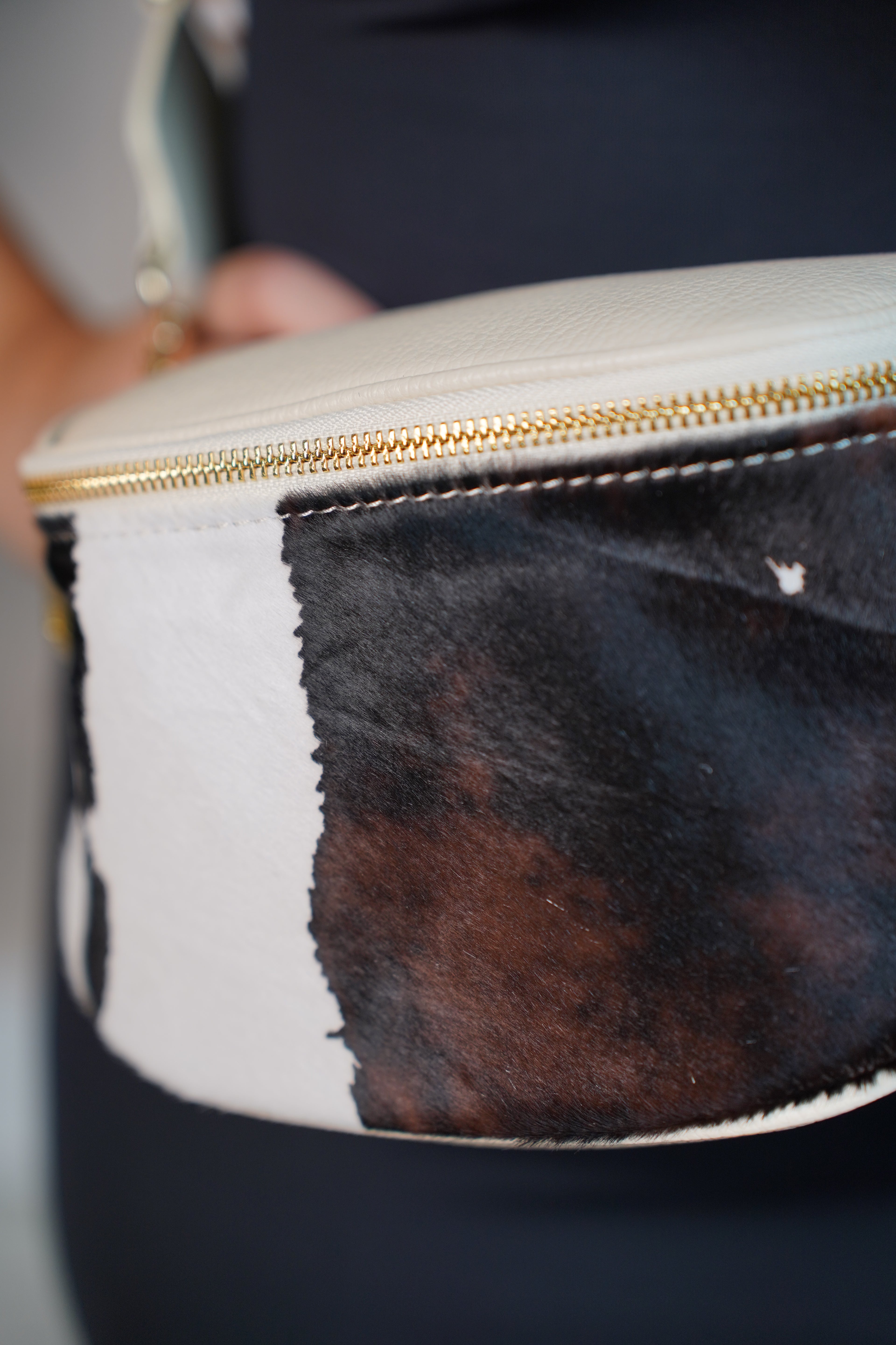 Cow Mini Crossbody Bag Brown & White Leather with Wide Stripe Strap - Carema Boutique