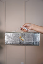 MariaElene Metallic Snake-Embossed Clutch – Structured Handle Bag in 6 Colors - Carema Boutique