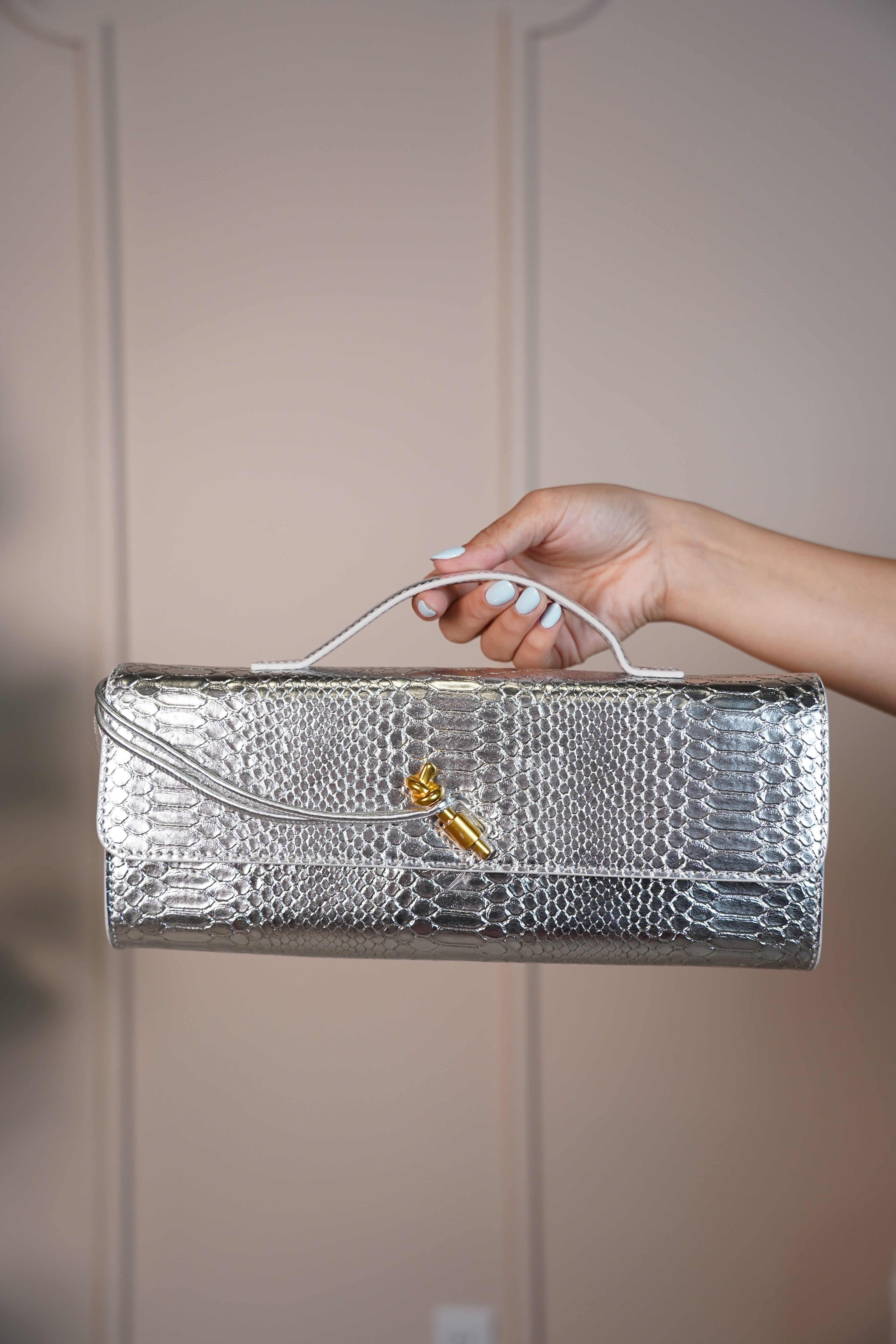 MariaElene Metallic Snake-Embossed Clutch – Structured Handle Bag in 6 Colors - Carema Boutique