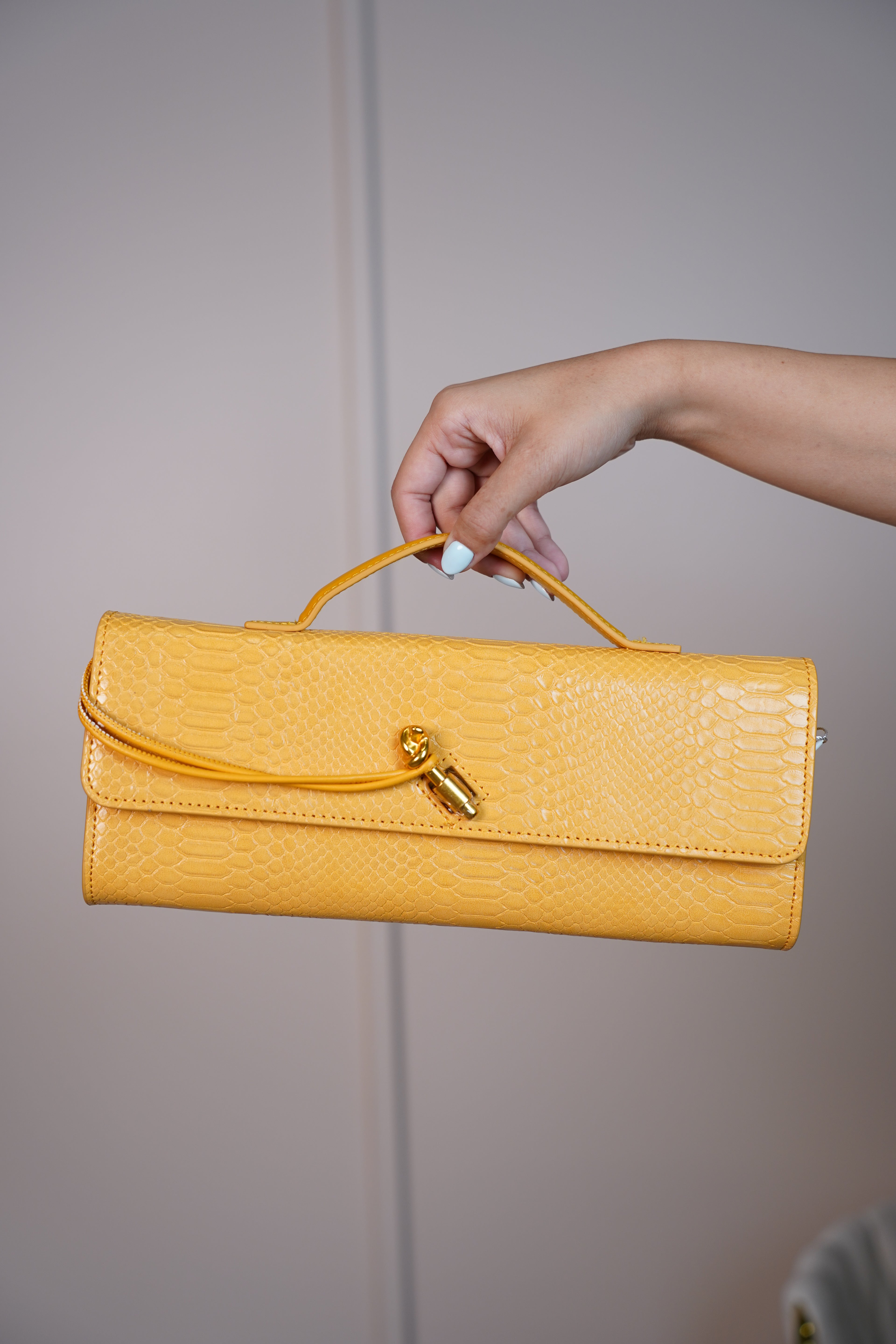 MariaElene Metallic Snake-Embossed Clutch – Structured Handle Bag in 6 Colors - Carema Boutique