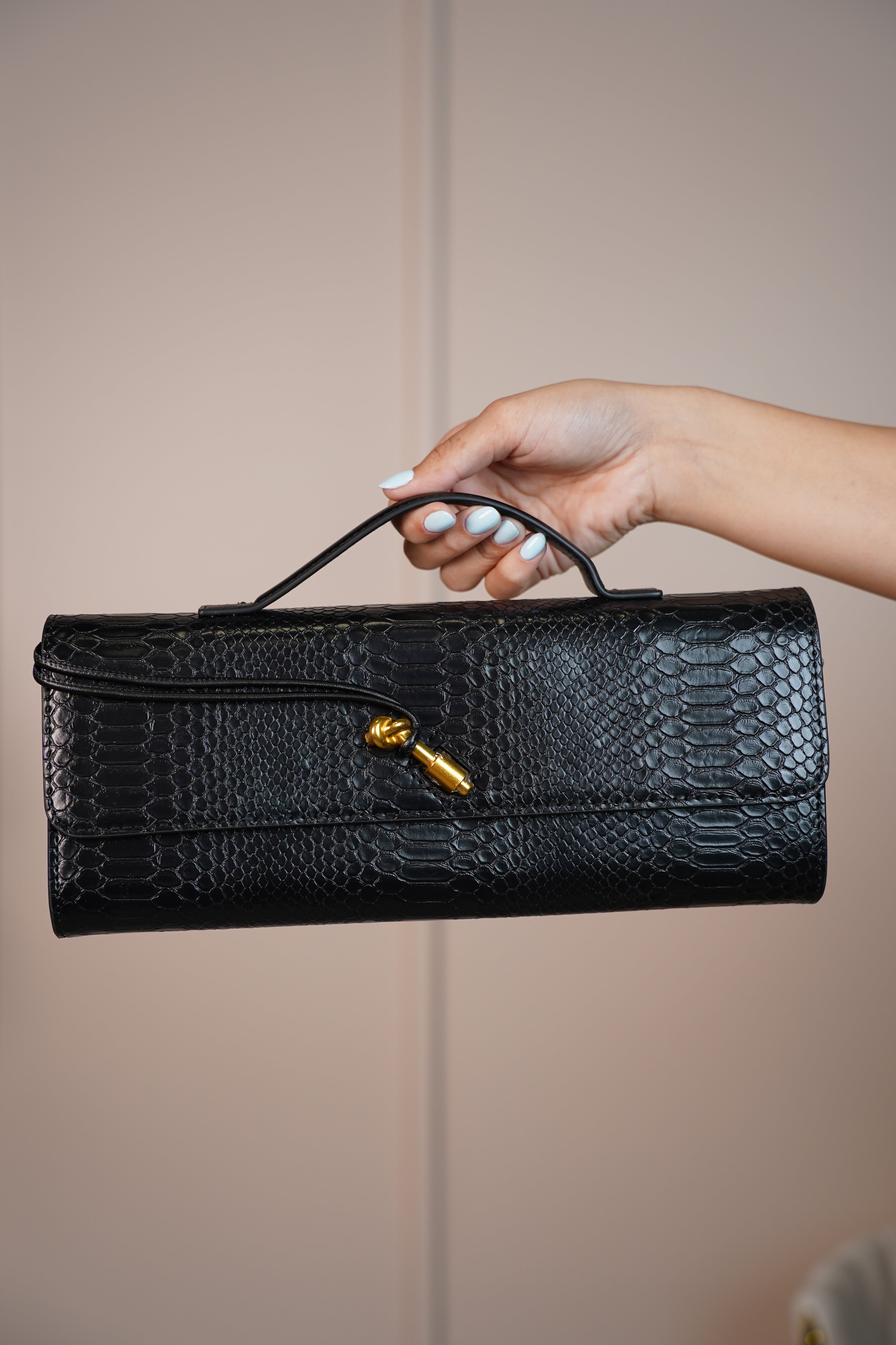 MariaElene Metallic Snake-Embossed Clutch – Structured Handle Bag in 6 Colors - Carema Boutique