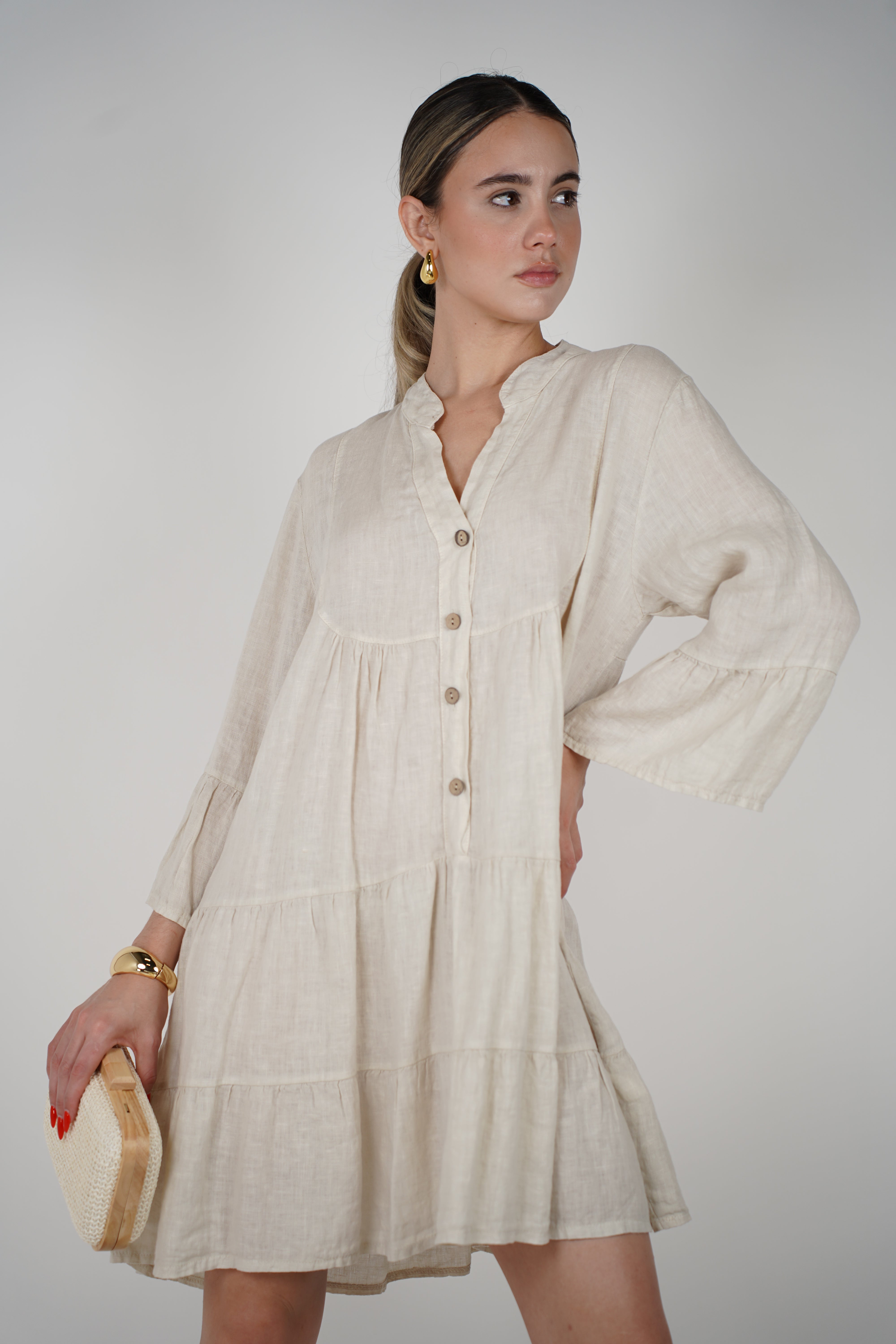 Sira Linen Mini Dress – Breezy Button-Down in Soft Neutrals