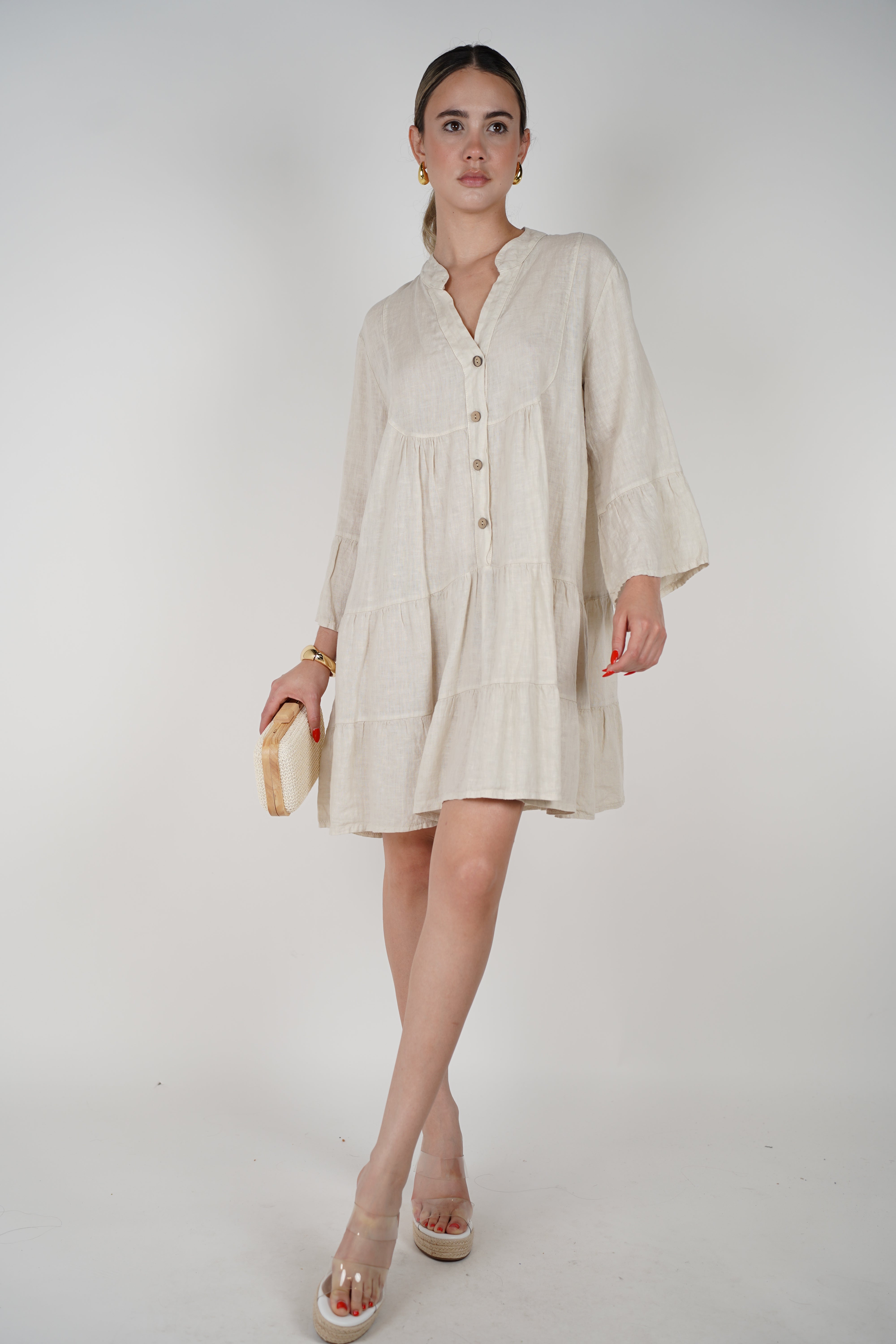 Sira Linen Mini Dress – Breezy Button-Down in Soft Neutrals