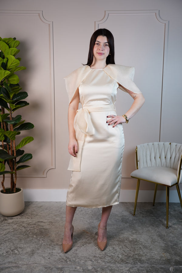 Iconic Cream Satin Midi Dress – Statement Shoulder Detail with Waist Tie - Carema Boutique