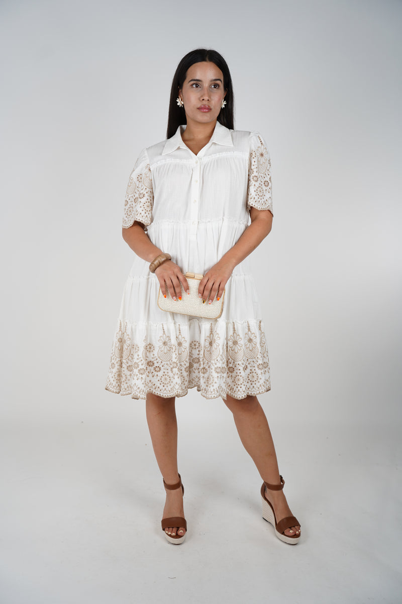Marie Dress – Embroidered Tiered Mini with Classic Collar