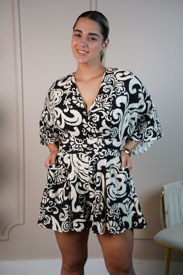 Catalina 3 Baroque Print Belted Romper – Effortless Elegance in Every Step - Carema Boutique