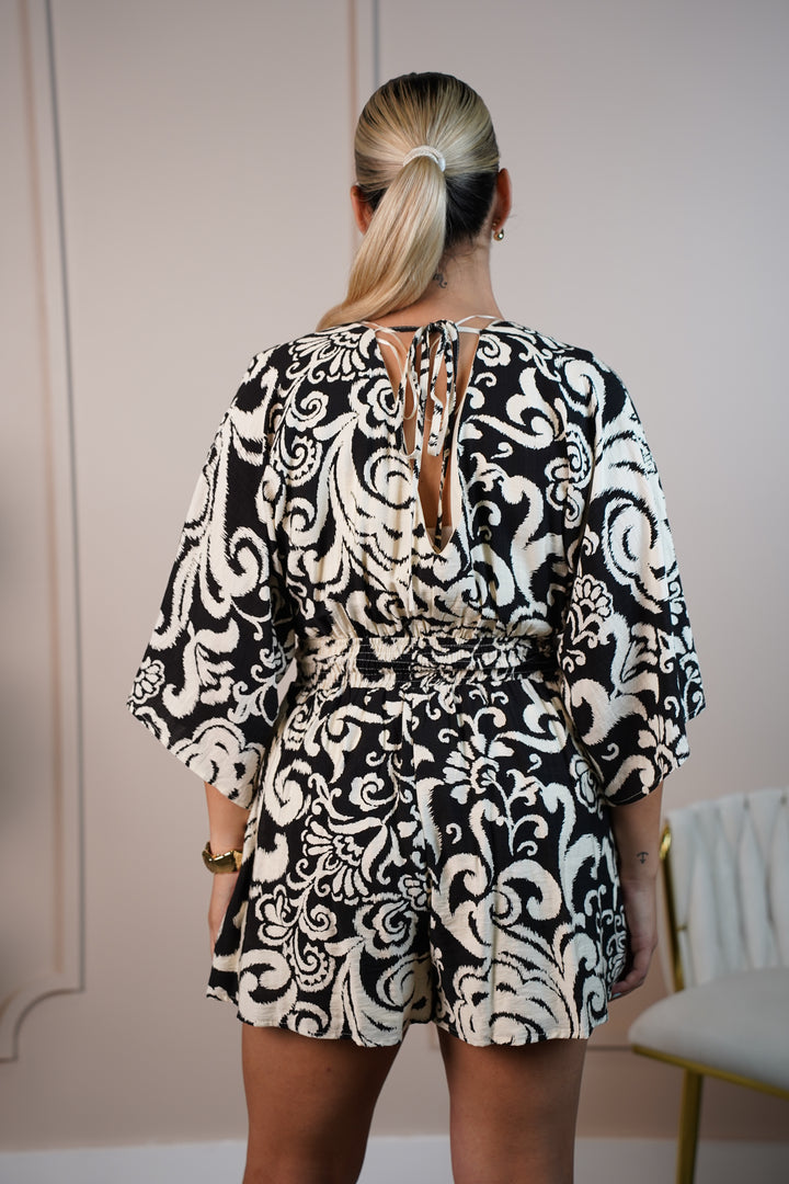 Catalina 3 Baroque Print Belted Romper – Effortless Elegance in Every Step - Carema Boutique
