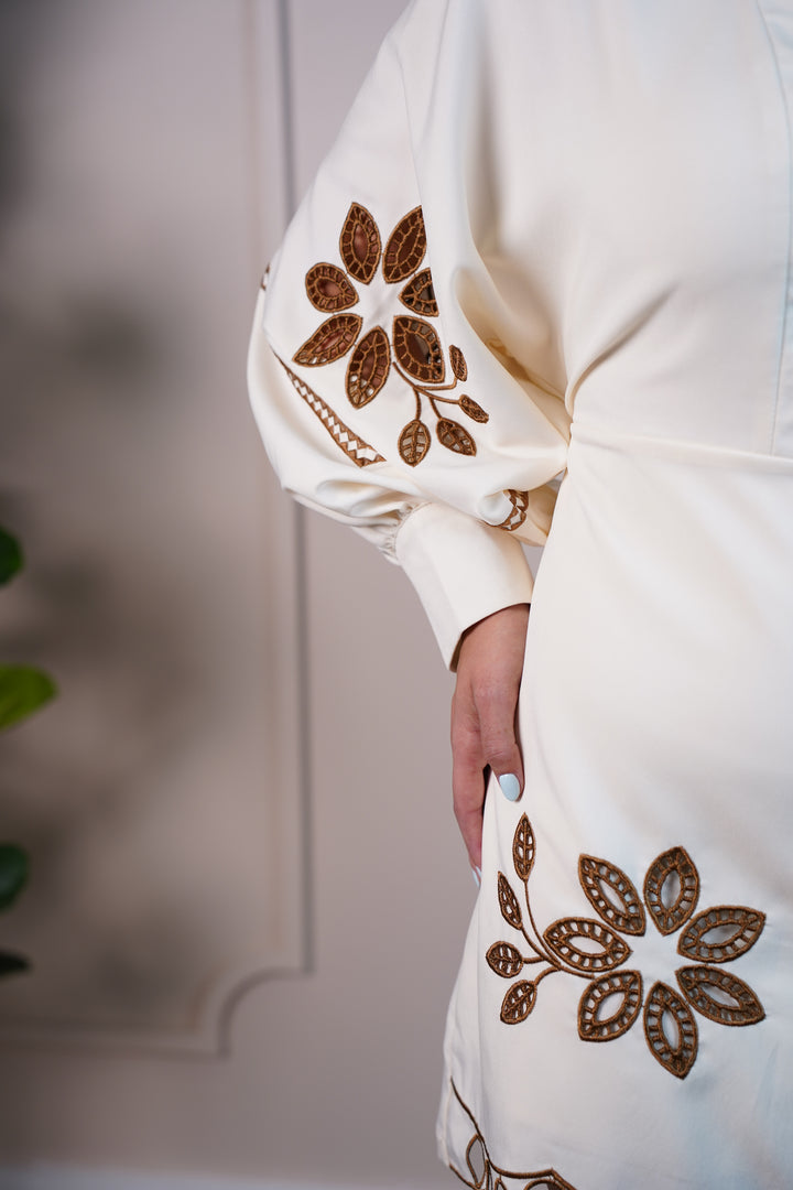 Michelle  Embroidered V-Neck Mini Dress – Boho Elegance with Statement Floral Details - Carema Boutique