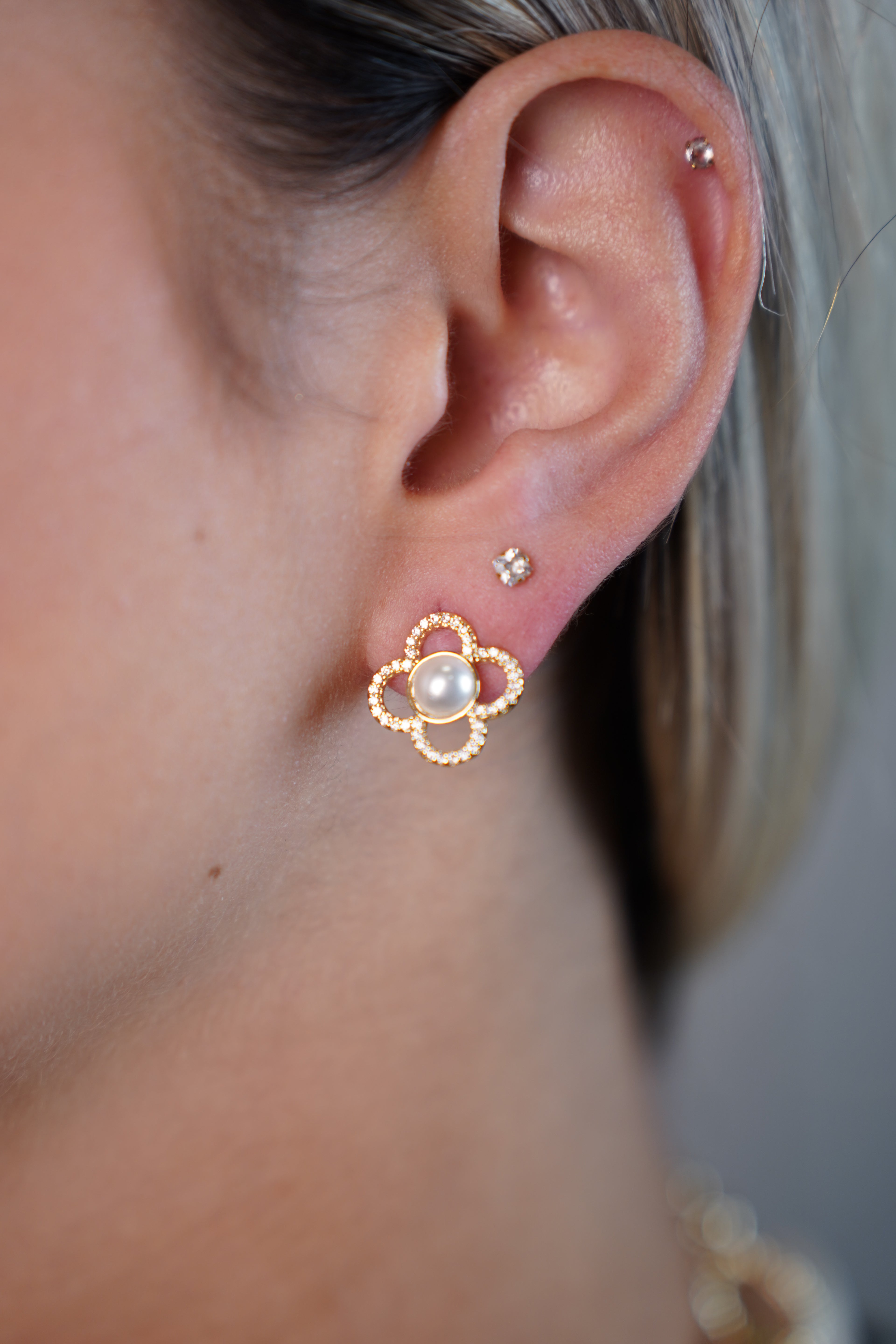 Mini flower Petal Pearl Studs – Delicate Floral-Inspired Earrings with a Pearl Center - Carema Boutique