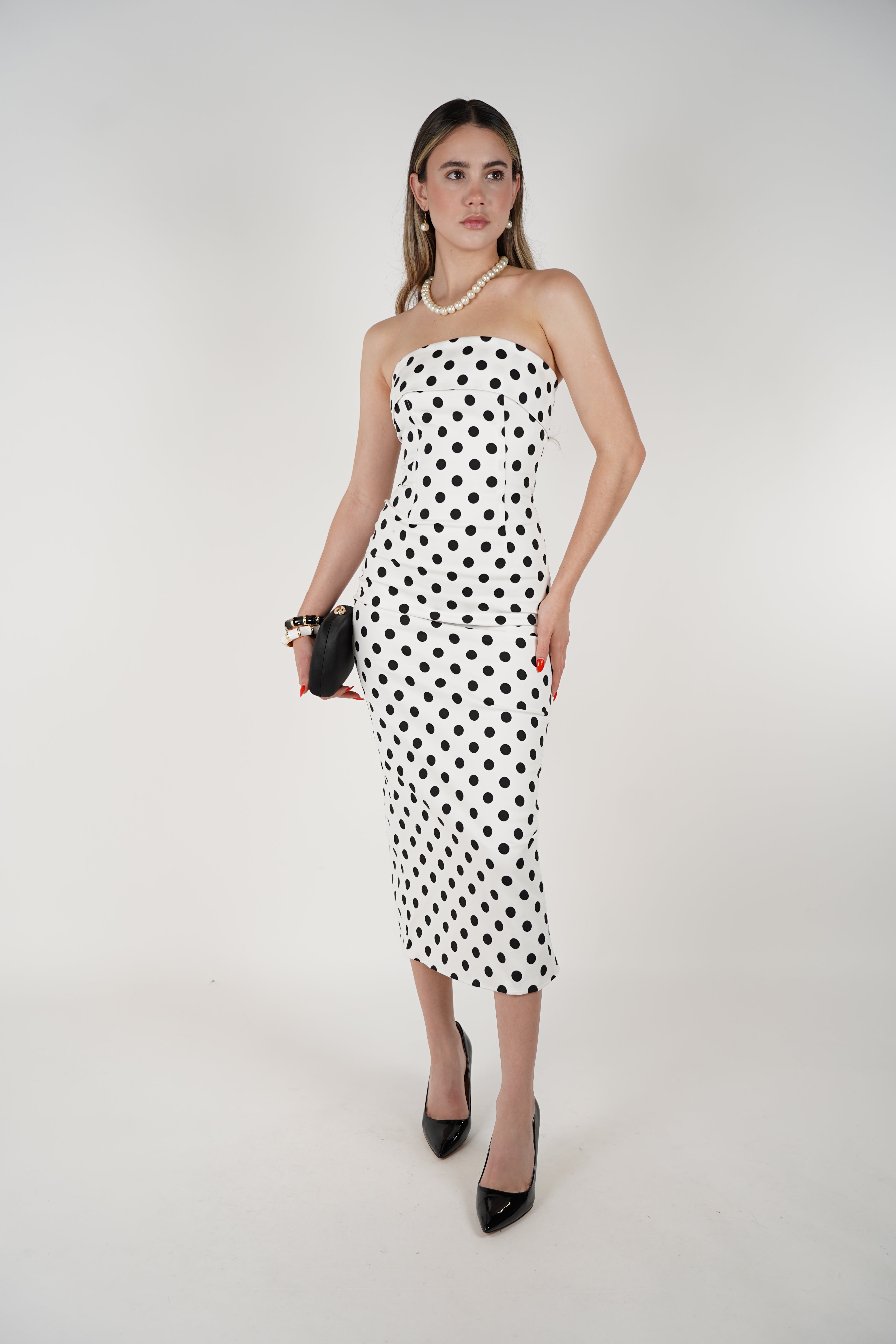Kaysia Polka Dot Maxi Dress – Chic Strapless Elegance