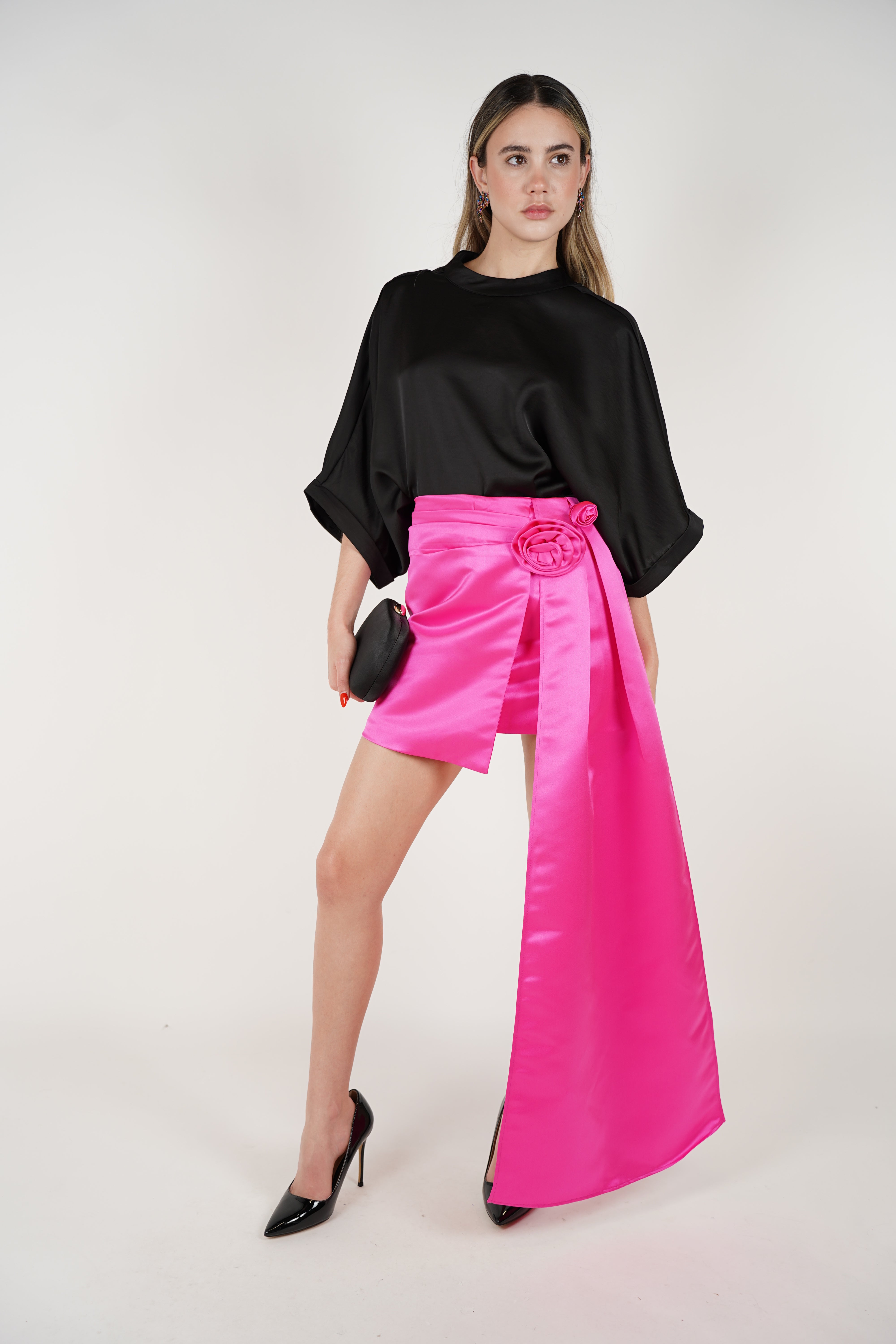 Olira Mini Skirt – Satin Fuchsia Drama with Floral Detail