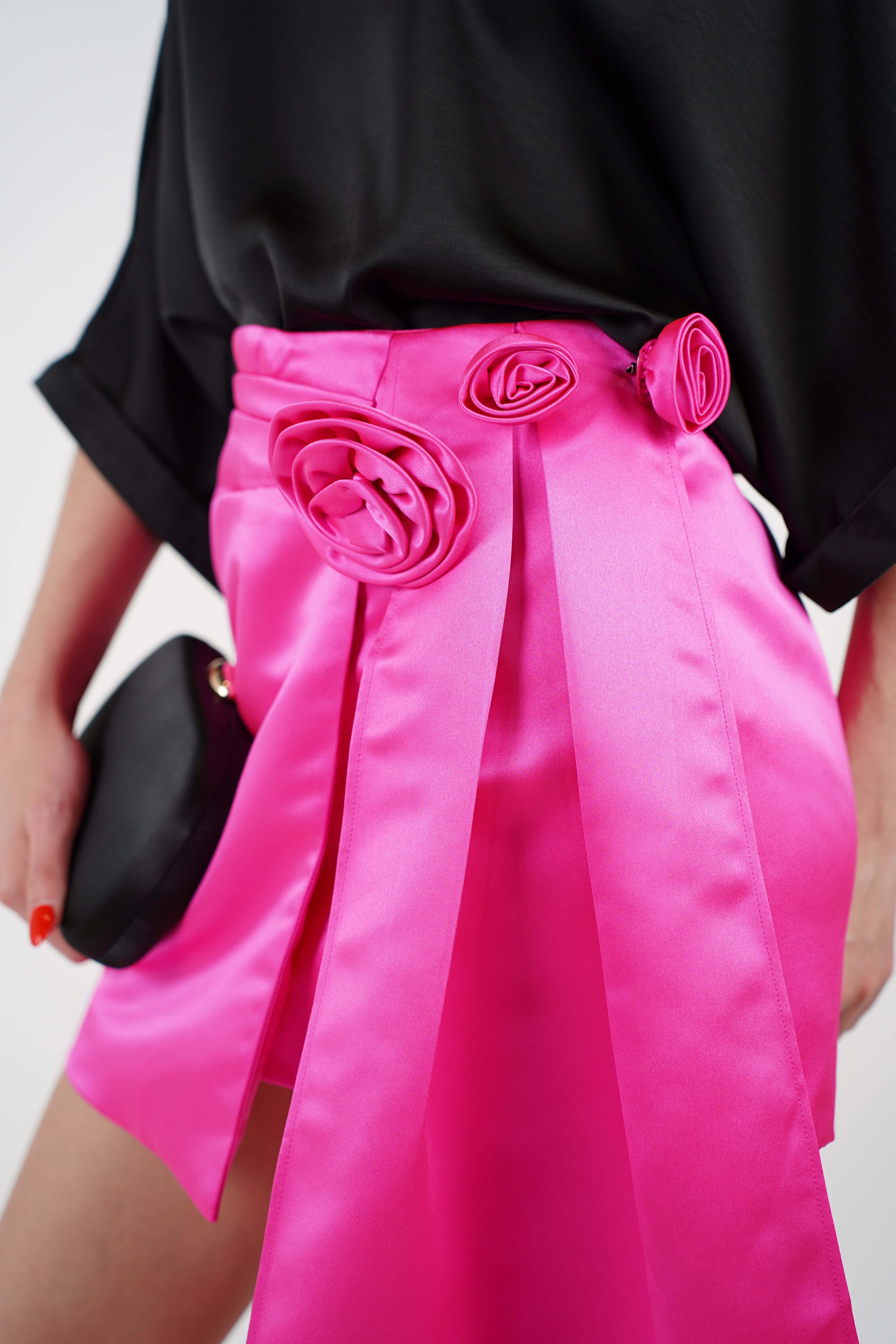 Olira Mini Skirt – Satin Fuchsia Drama with Floral Detail