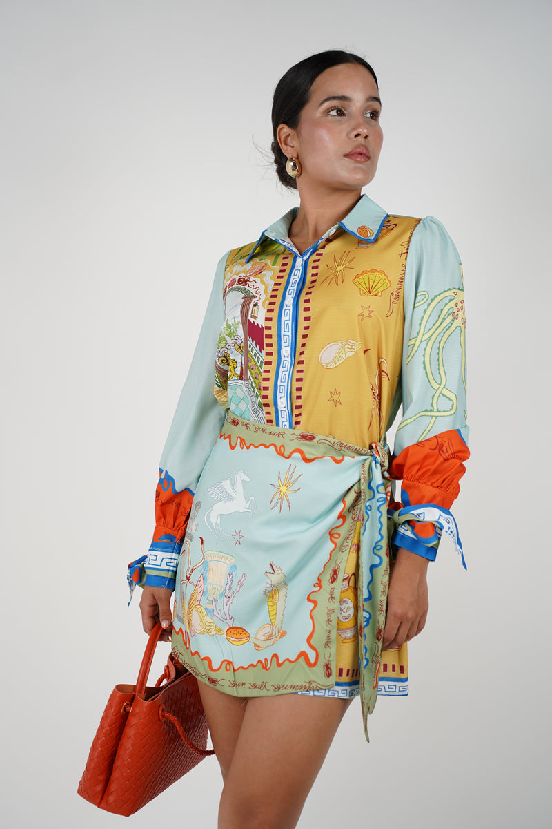Nayra Stamped Mini Dress – Artistic Coastal Print Wrap Style