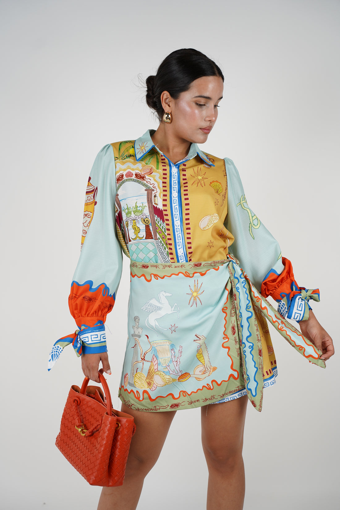Nayra Stamped Mini Dress – Artistic Coastal Print Wrap Style